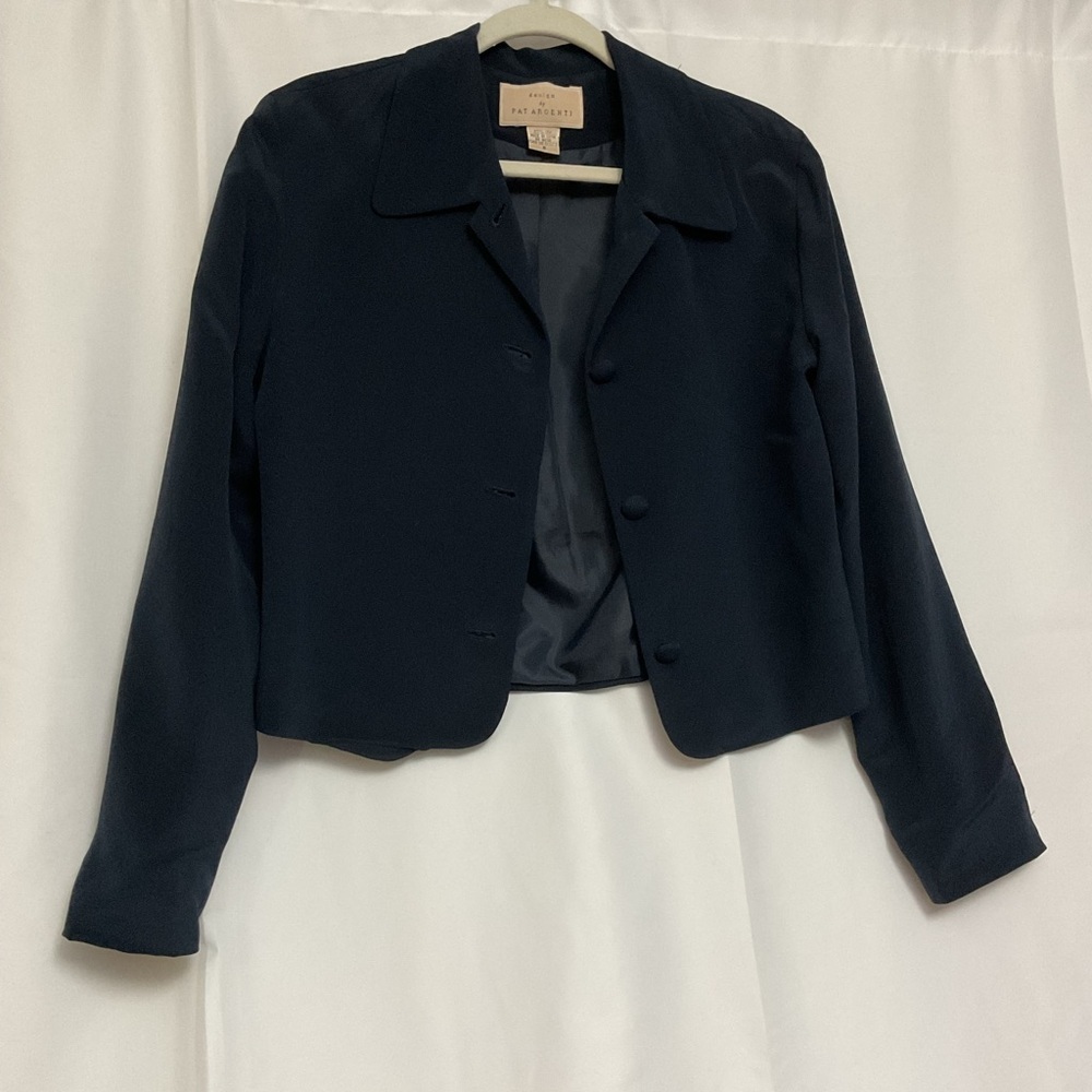 Design by PAT ARGENTI 100% Blue Cropped Blazer Modern Suit Jacket. Size 8